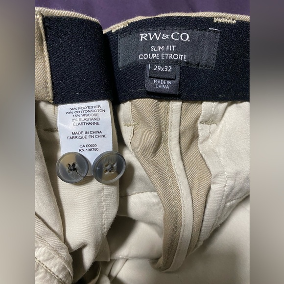 RW&CO Men’s Beige Brushed Chino Pants Slim Fit Size 29x32 - Picture 5 of 5